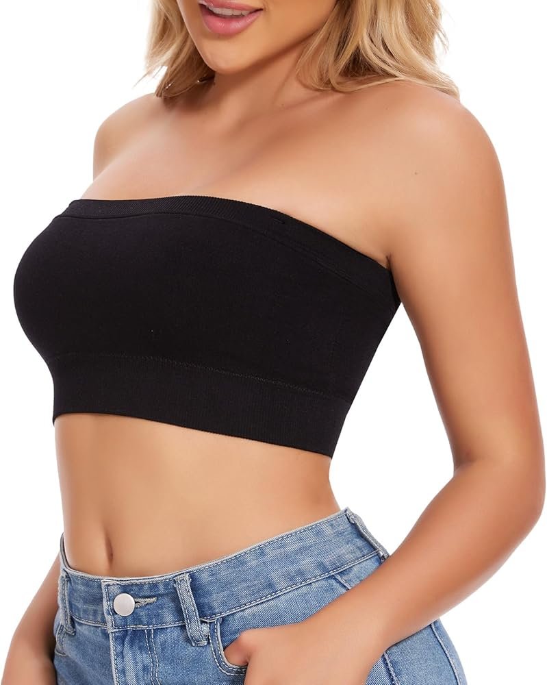 A model wearing a black bandeau bra under showcasing a smooth and seamless silhouette.