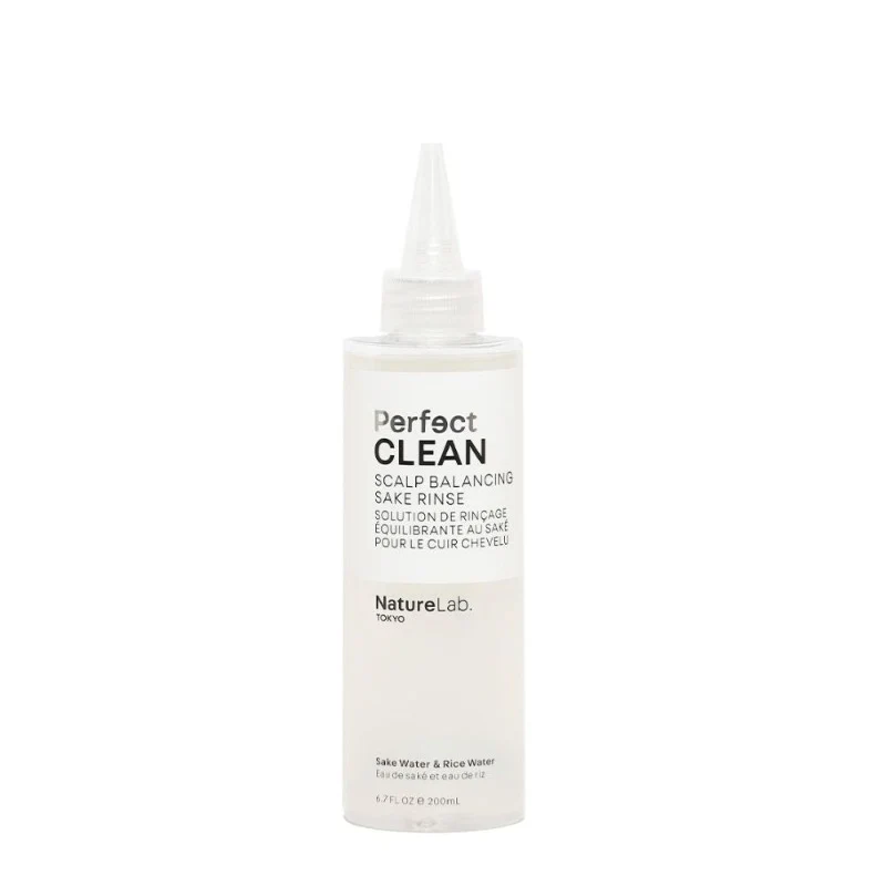 A bottle of NatureLab Perfect Clean Scalp Balancing Sake Rinse.