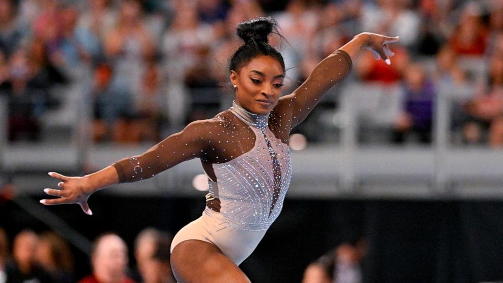 Simone Biles performing a floor routine at the U.S. Olympic Trials.
