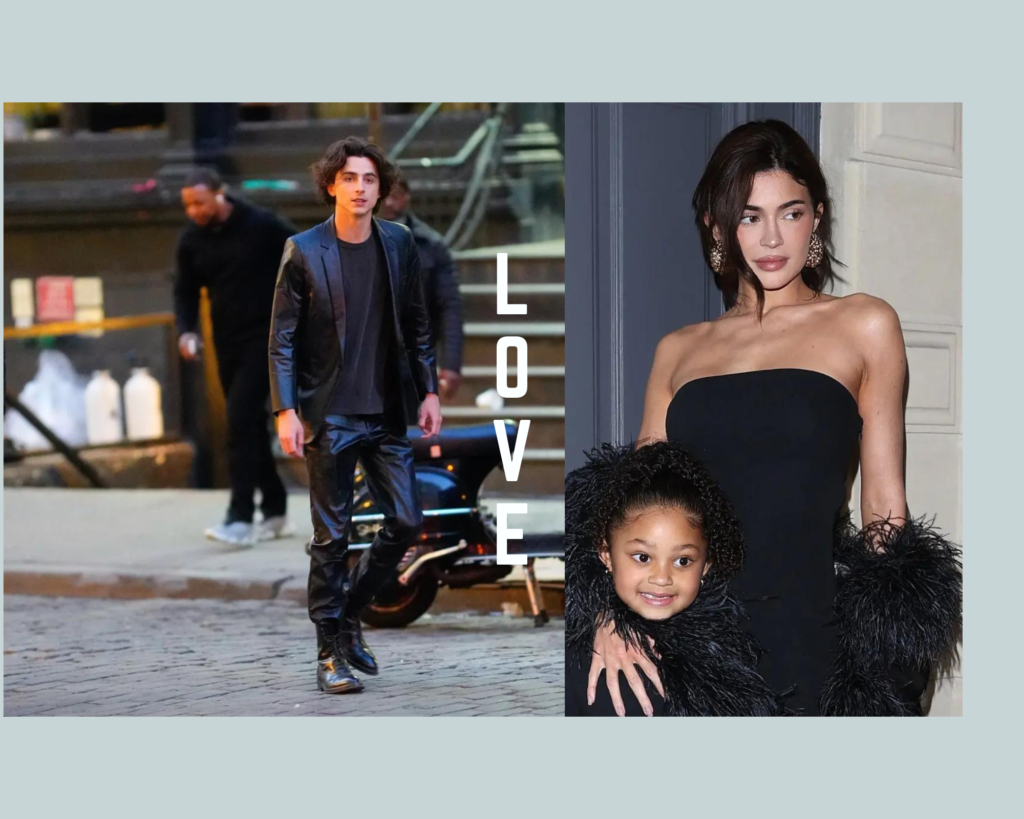 Timothée Chalamet working on a film set; Kylie Jenner balancing motherhood and business.