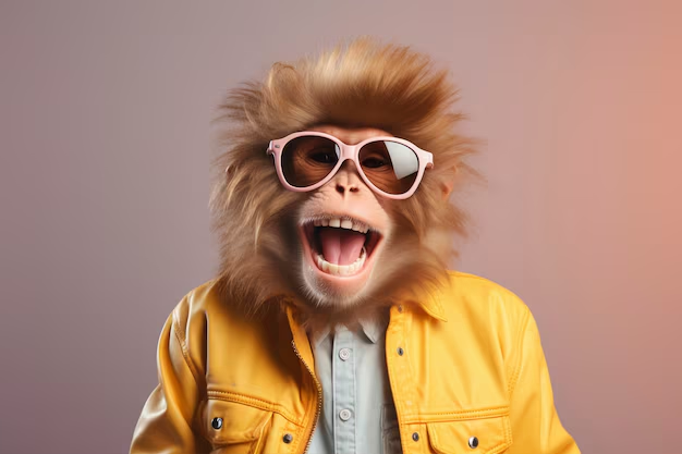 A cool monkey wearing sunglasses and a jacket, laughing hysterically at a corny joke.