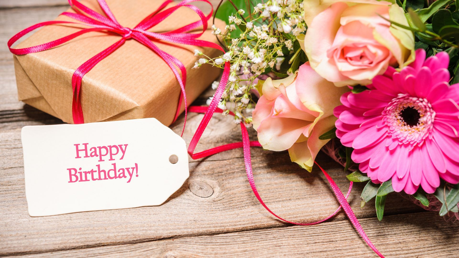 A "Happy Birthday" gift with flowers, ideal for acknowledging birthday greetings.