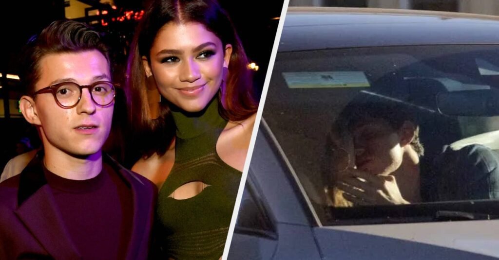  A paparazzi photo of Tom Holland and Zendaya kissing in a car.